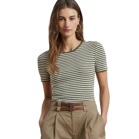 Lauren Ralph Lauren Striped Stretch Cotton Crewneck Tee Olive and White Large - Picture 1 of 6